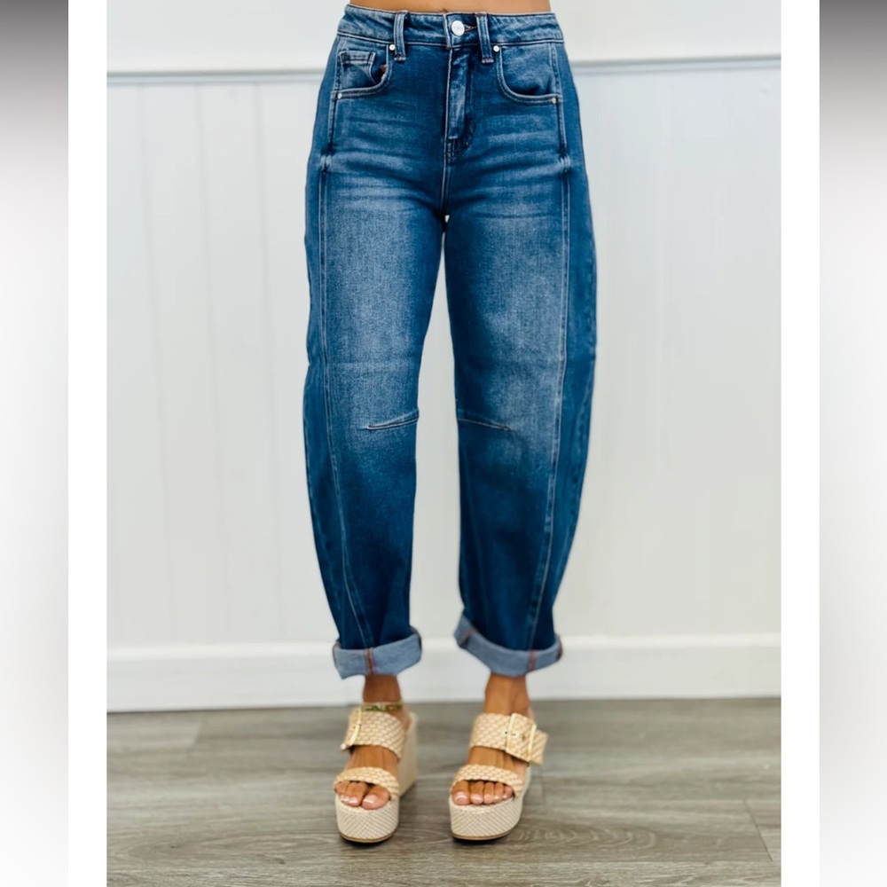 Risen High Rise Dark Wash Boyfriend Cuffed Barrel Jeans